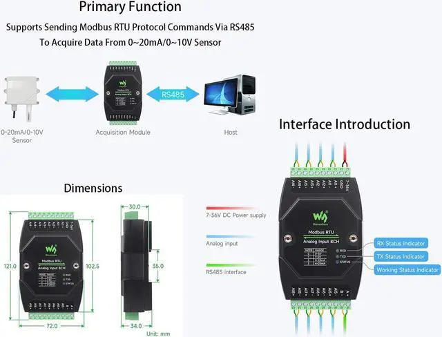 Alt view image 4 of 5 - Industrial 8-Ch Analog Acquisition Module, 12-bit High-Precision, DC 7~36V Wide Voltage Power Supply, Modbus RTU Protocol,8-CH Current Mode, 0~20mA (Modbus RTU Analog Input 8CH)