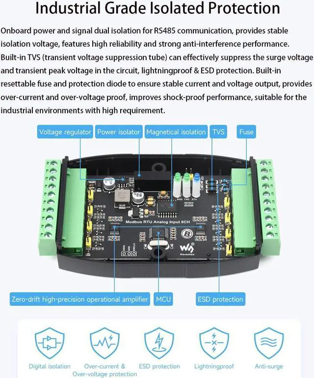 Alt view image 5 of 5 - Industrial 8-Ch Analog Acquisition Module, 12-bit High-Precision, DC 7~36V Wide Voltage Power Supply, Modbus RTU Protocol,8-CH Current Mode, 0~20mA (Modbus RTU Analog Input 8CH)