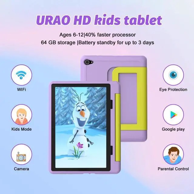 Alt view image 2 of 5 - URAO Kids Tablet, Android 14 Tablet for Kids 10 inch Octa-Core with Case, 64GB 1TB TF Card Expandable for Toddler Children, Parental Control, Dual Camera, WiFi,Gift