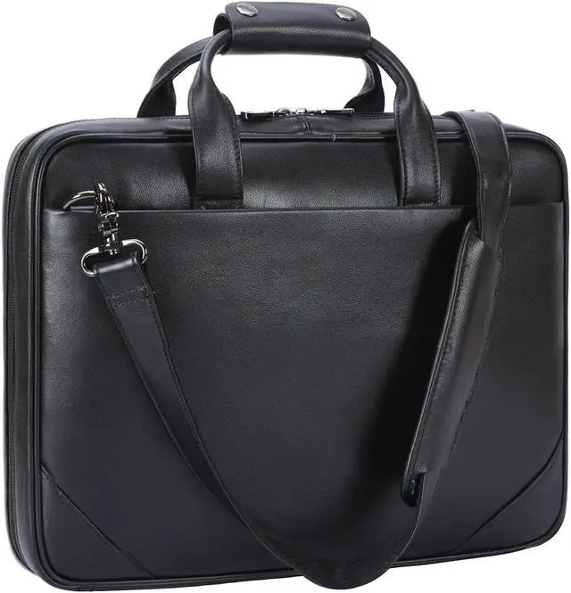 Main image of Masa Kawa Black Leather Slim Briefcase 14 Inch Laptop Bag for Men Crossbody Shoulder Messenger Computer Bags Attache Case for Business Work Lawyer