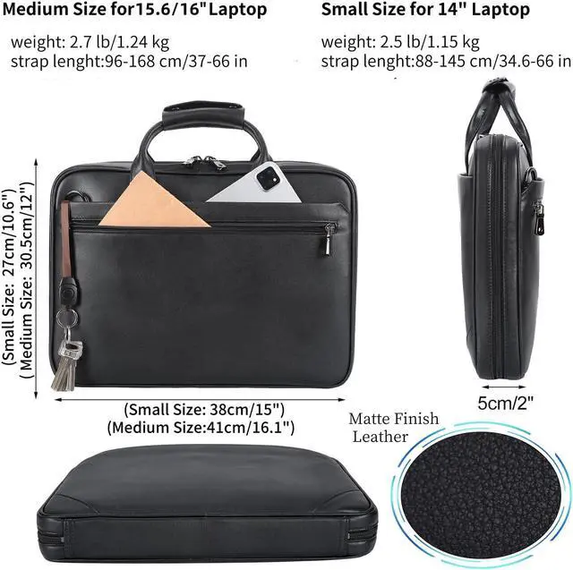 Alt view image 2 of 5 - Masa Kawa Black Leather Slim Briefcase 14 Inch Laptop Bag for Men Crossbody Shoulder Messenger Computer Bags Attache Case for Business Work Lawyer