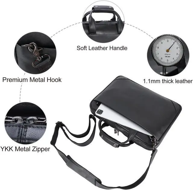 Alt view image 5 of 5 - Masa Kawa Black Leather Slim Briefcase 14 Inch Laptop Bag for Men Crossbody Shoulder Messenger Computer Bags Attache Case for Business Work Lawyer