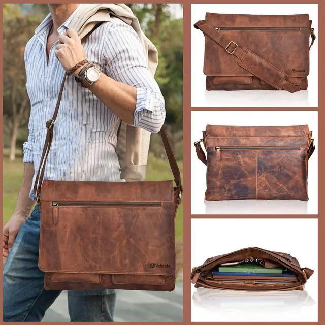 Alt view image 5 of 5 - VALENCHI Real Genuine Leather 14" Laptop Messenger Bag/Briefcase For Men & Women