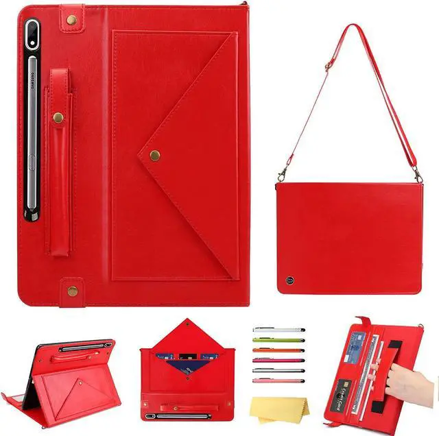 Main image of UUcovers Red PU Leather Handbag Stand Case for Galaxy Tab S7 FE/S7 Plus/S8 Plus 12.4 Inch with S Pen Holder/Shoulder Hand Strap/Auto Wake/Sleep/Magnetic Closure/Envelope Document Design