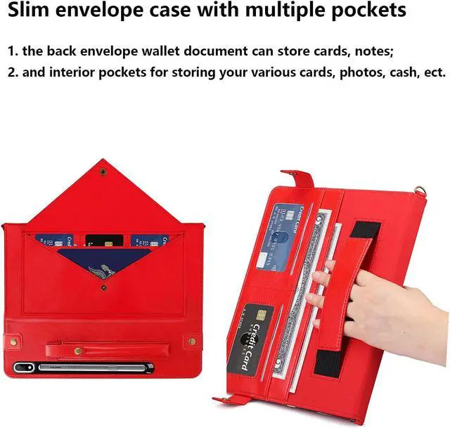 Alt view image 4 of 5 - UUcovers Red PU Leather Handbag Stand Case for Galaxy Tab S7 FE/S7 Plus/S8 Plus 12.4 Inch with S Pen Holder/Shoulder Hand Strap/Auto Wake/Sleep/Magnetic Closure/Envelope Document Design