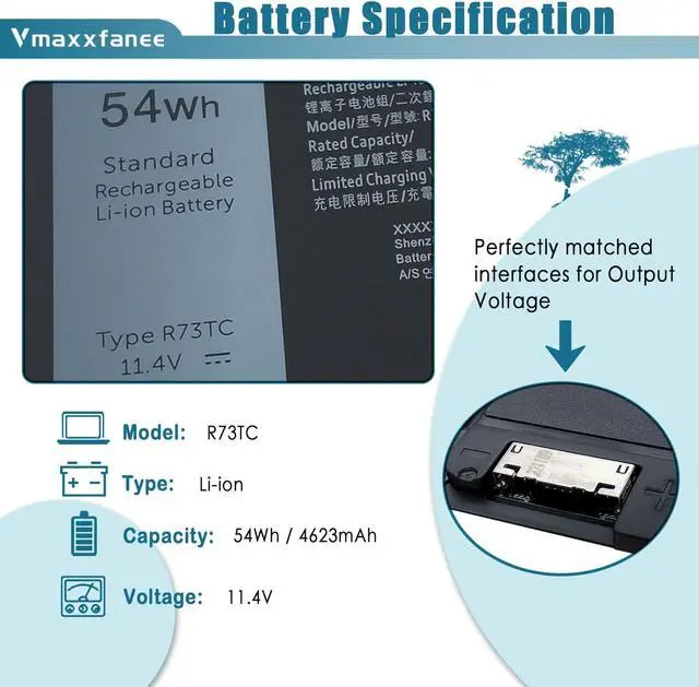 Alt view image 2 of 5 - Vmaxxfanee 54Wh R73TC Laptop Battery Replacement for Dell Latitude 3580 3340 3440 3480 3540 5340 5540 5440 Series Notebook DR02P 2X1V9 GTG7N GRWKG KDM9P 11.4V 4623mAh
