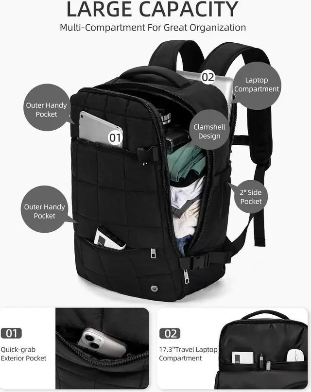 Alt view image 2 of 5 - WESTBRONCO Travel Laptop Backpack for women 17.3 inch Travel Backpack Carry on Flight Approved Puffy Travel Weekender Bags for Women with Shoes Bag & Cosmetic Bag