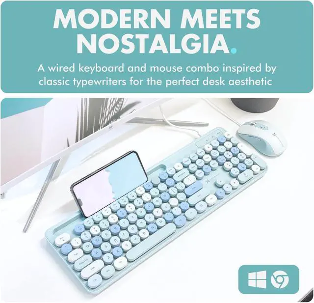Alt view image 2 of 5 - X9 Wired Keyboard and Mouse Combo - Cute Colorful Blue Keyboard with Round Keycaps, 109 Silent Fullsize Keys with Phone/Tablet Dock, Backlit Aesthetic and Pastel Keyboard