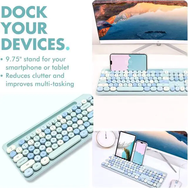 Alt view image 3 of 5 - X9 Wired Keyboard and Mouse Combo - Cute Colorful Blue Keyboard with Round Keycaps, 109 Silent Fullsize Keys with Phone/Tablet Dock, Backlit Aesthetic and Pastel Keyboard