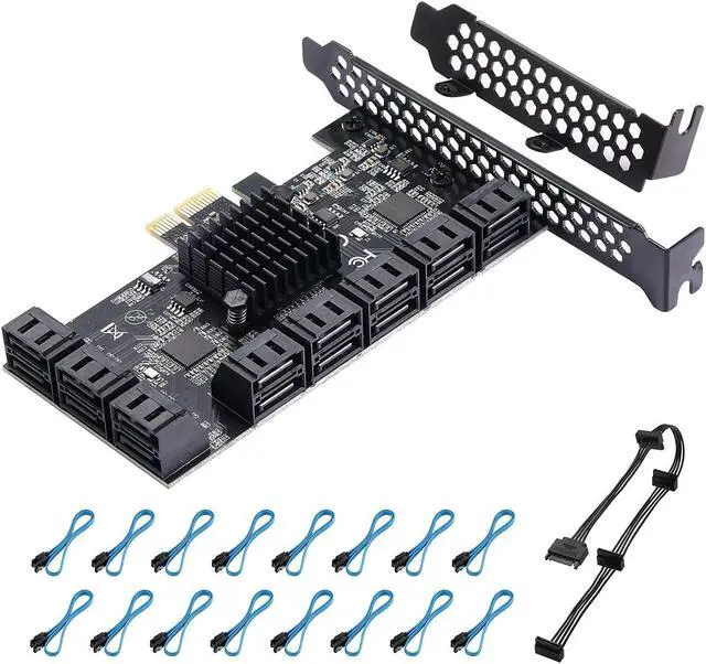 Main image of YBBOTT PCIe SATA Expansion Card 16 Ports with 16 Cables, SATA 3.0 6Gbps Controller, Boot as System Hard Disk Suitable for All PCIE Slots JBM575 and ASM1064