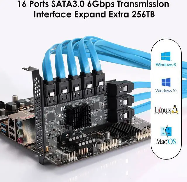 Alt view image 3 of 5 - YBBOTT PCIe SATA Expansion Card 16 Ports with 16 Cables, SATA 3.0 6Gbps Controller, Boot as System Hard Disk Suitable for All PCIE Slots JBM575 and ASM1064