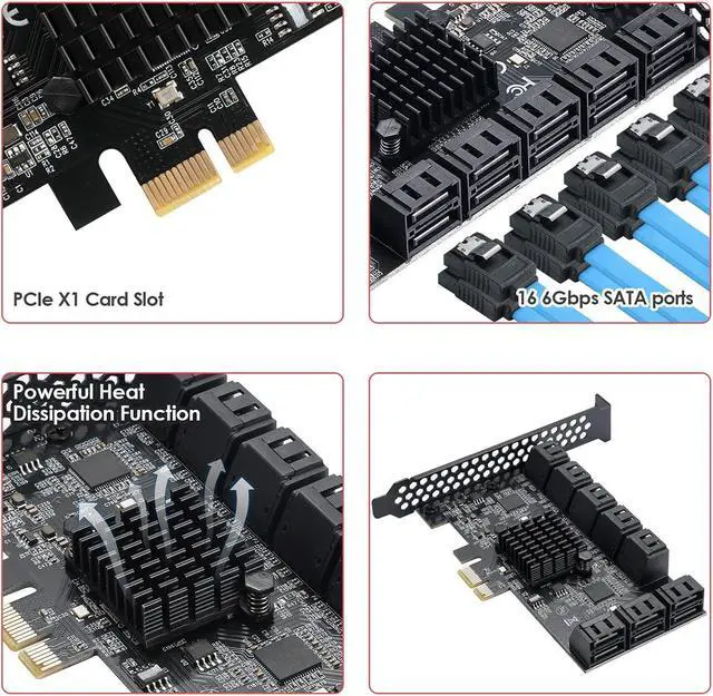 Alt view image 4 of 5 - YBBOTT PCIe SATA Expansion Card 16 Ports with 16 Cables, SATA 3.0 6Gbps Controller, Boot as System Hard Disk Suitable for All PCIE Slots JBM575 and ASM1064