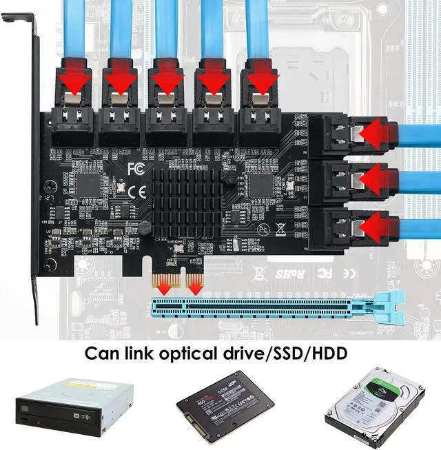 Alt view image 5 of 5 - YBBOTT PCIe SATA Expansion Card 16 Ports with 16 Cables, SATA 3.0 6Gbps Controller, Boot as System Hard Disk Suitable for All PCIE Slots JBM575 and ASM1064