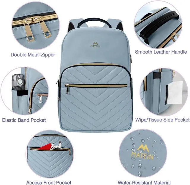 Alt view image 4 of 5 - MATEIN 15.6 Laptop Backpack, Quilted Cute Slim Backpacks for Women with Luggage Strap & Leather Handle, Lightweight Fashion Travel Computer Bag Padded Sturdy Casual Daypack for Office, Business, Blue