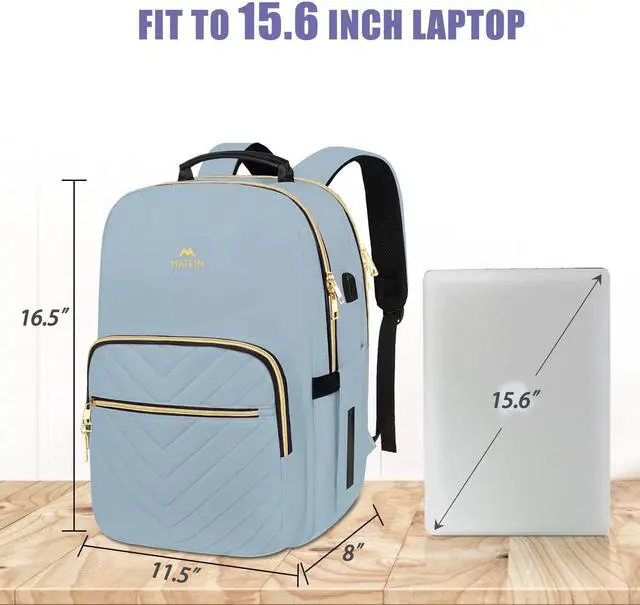 Alt view image 5 of 5 - MATEIN 15.6 Laptop Backpack, Quilted Cute Slim Backpacks for Women with Luggage Strap & Leather Handle, Lightweight Fashion Travel Computer Bag Padded Sturdy Casual Daypack for Office, Business, Blue