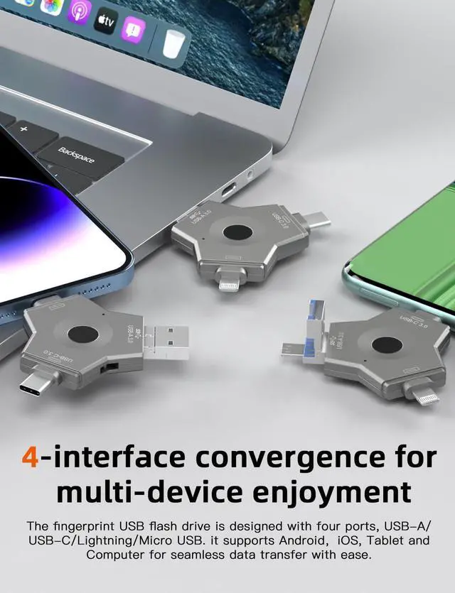 Alt view image 3 of 5 - 128GB Fingerprint encryption Flash Drive 4 in 1 OTG USB 3.0 + USB-C 3.0 Memory Stick with Keychain Dual Thumb Photo Stick Jump Drive for Android Smartphone, Computers, MacBook, Tablets (128, GB)