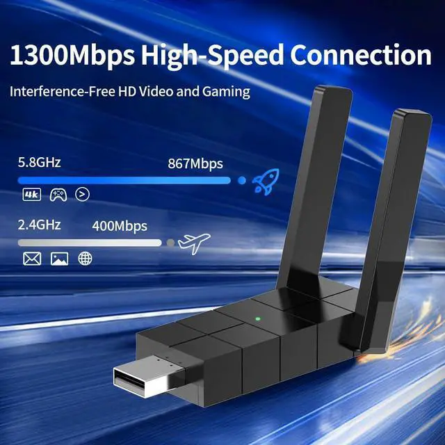 Alt view image 2 of 5 - WiFi Adapter for Desktop PC, Wireless Adapter Wide-Coverage Dual Band 2.4GHz 400Mbps and 5GHz 867Mbps, USB 2.0, Dual High Gain Antenna, Supports Windows 10/11, Plug and Play 1300Mbps
