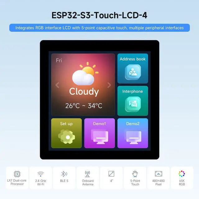 Alt view image 3 of 5 - Waveshare ESP32-S3 4inch Capacitive Touch Display Development Board, 480×480, 5-Point Touch, 32-Bit LX7 Dual-Core Processor, Up to 240MHz Frequency, Supports Wi-Fi & BLE 5, with Onboard Antenna