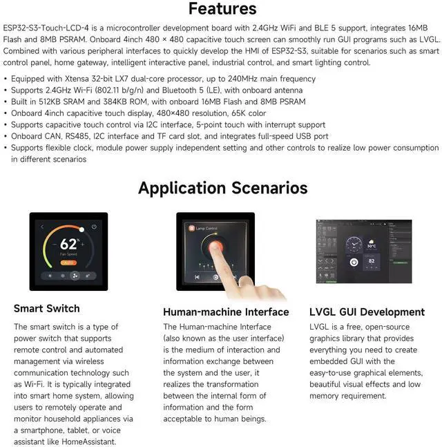 Alt view image 4 of 5 - Waveshare ESP32-S3 4inch Capacitive Touch Display Development Board, 480×480, 5-Point Touch, 32-Bit LX7 Dual-Core Processor, Up to 240MHz Frequency, Supports Wi-Fi & BLE 5, with Onboard Antenna