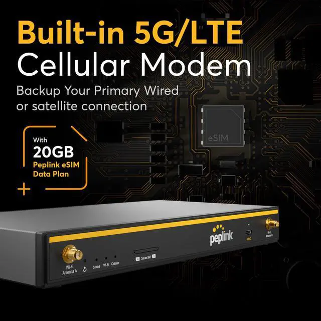 Alt view image 3 of 5 - Peplink B One 5G with Data - Gigabit Dual WAN Cellular WiFi Router for Wireless Internet - 20GB Cellular Data Plan Included - 1Gbps Throughput, Wi-Fi 6, Dual-Band, 4 LAN Ports, Supports 150 Users