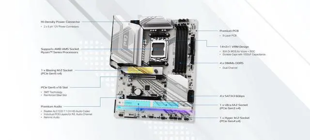 Alt view image 3 of 5 - ASRock X870 Pro RS AMD Ryzen Socket AM5 ATX Motherboard DDR5 DIMMs 8000 MHz 256 GB PCIe Gen5 SATA3 6.0 Gb/s