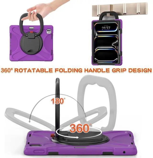 Alt view image 2 of 5 - Batianda for iPad Pro 13 inch Case (2024) M4 Chip Model A2925/A2926 Heavy Duty Rugged Durability Silicone Tablet Cover with 360° Rotating Ring Foldable Kickstand & Shoulder Strap, Purple