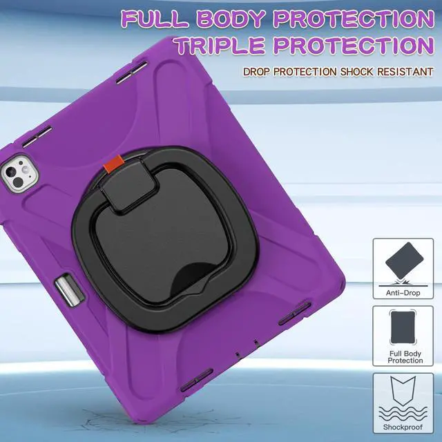Alt view image 4 of 5 - Batianda for iPad Pro 13 inch Case (2024) M4 Chip Model A2925/A2926 Heavy Duty Rugged Durability Silicone Tablet Cover with 360° Rotating Ring Foldable Kickstand & Shoulder Strap, Purple