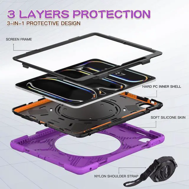 Alt view image 3 of 5 - Batianda for iPad Pro 13 inch Case (2024) M4 Chip Model A2925/A2926 Heavy Duty Rugged Durability Silicone Tablet Cover with 360° Rotating Ring Foldable Kickstand & Shoulder Strap, Purple
