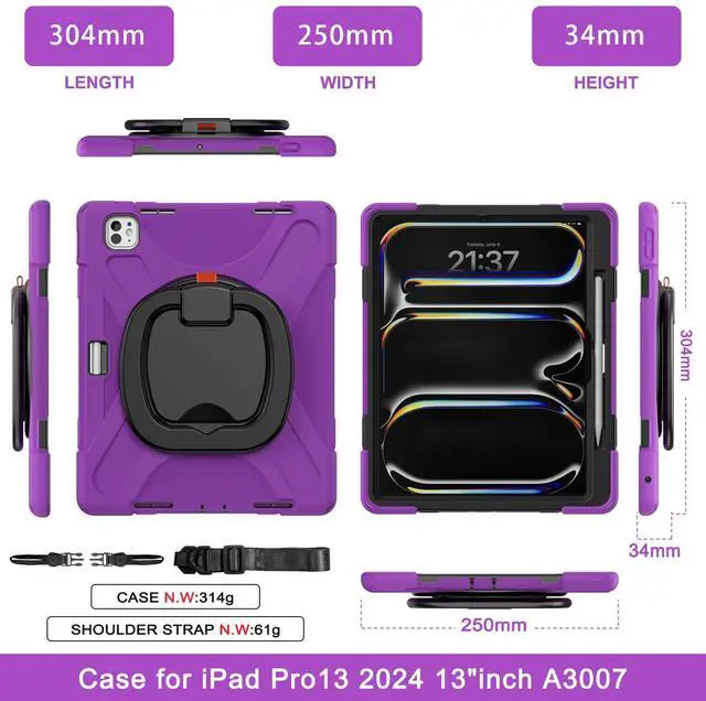 Alt view image 5 of 5 - Batianda for iPad Pro 13 inch Case (2024) M4 Chip Model A2925/A2926 Heavy Duty Rugged Durability Silicone Tablet Cover with 360° Rotating Ring Foldable Kickstand & Shoulder Strap, Purple