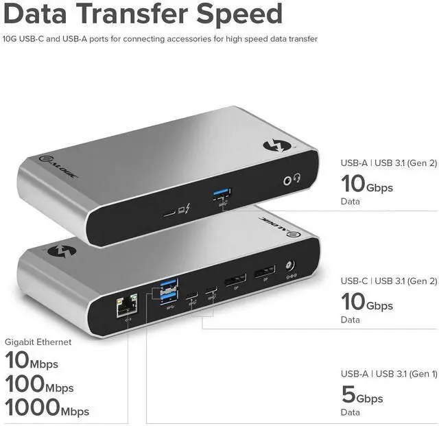 Alt view image 3 of 5 - ALOGIC Thunderbolt 3 Dock, Dual DisplayPort 4K@60Hz, USB-C Gen 2 10G, USB-A Gen 2 10G, USB-A 5G, Gigabit Ethernet, Combo Headphone & Mic, 60W Laptop Charging for MacBook Air/Pro, Dell XPS and More