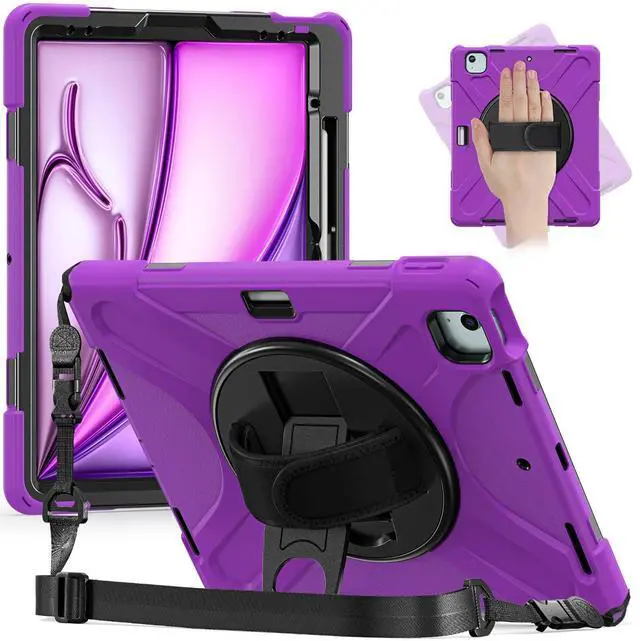 Main image of Batianda Case for iPad Air 11 inch 2025 M3 2024 M2 Chip Heavy Duty Rugged Durability Silicone Tablet Cover with 360° Rotating Hand Strap Foldable Hidden Stand & Shoulder Strap, Purple