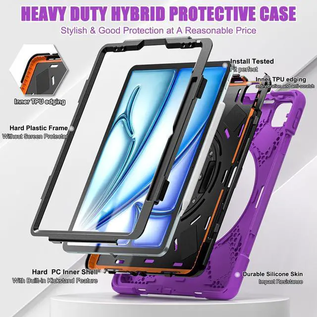 Alt view image 2 of 5 - Batianda Case for iPad Air 11 inch 2025 M3 2024 M2 Chip Heavy Duty Rugged Durability Silicone Tablet Cover with 360° Rotating Hand Strap Foldable Hidden Stand & Shoulder Strap, Purple
