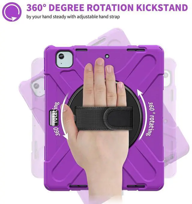 Alt view image 3 of 5 - Batianda Case for iPad Air 11 inch 2025 M3 2024 M2 Chip Heavy Duty Rugged Durability Silicone Tablet Cover with 360° Rotating Hand Strap Foldable Hidden Stand & Shoulder Strap, Purple