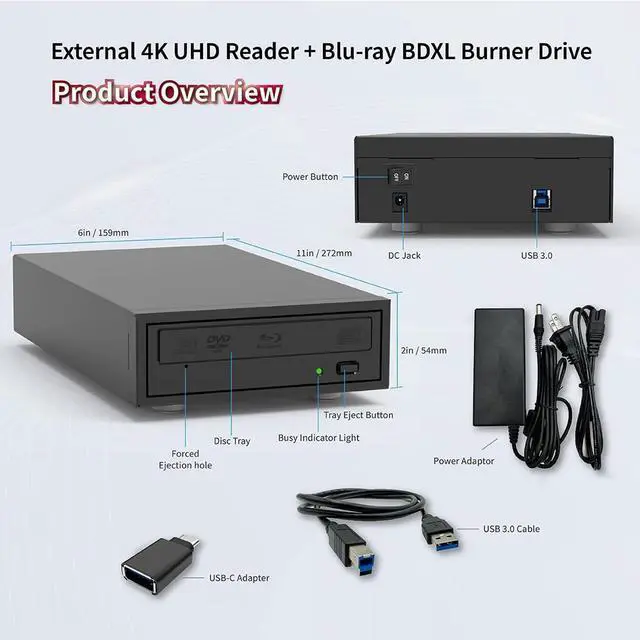Alt view image 2 of 5 - Piodata 4K UHD Reader and 16X Blu-ray BD BDXL DVD CD External Burner Writer Drive (Drive Only)