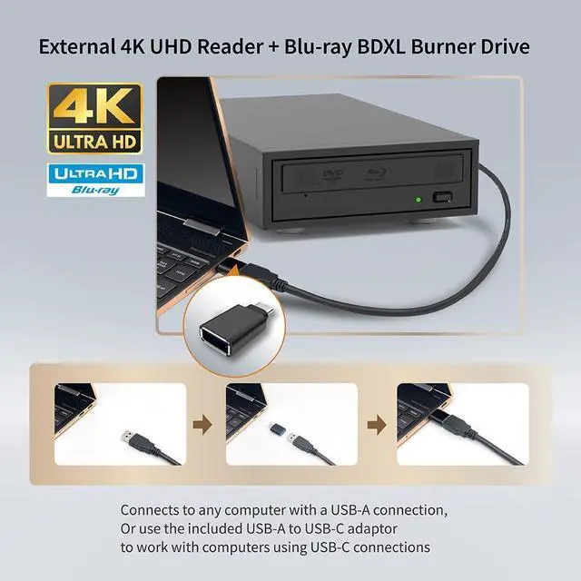 Alt view image 5 of 5 - Piodata 4K UHD Reader and 16X Blu-ray BD BDXL DVD CD External Burner Writer Drive (Drive Only)