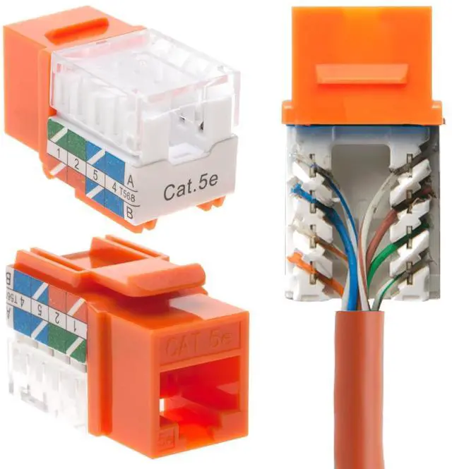 Main image of SATMAXIMUM Cat5e Keystone Ethernet Wall Jack Punch Down UTP 45-Degree (Easier Termination Than 90-Degree), RJ45 Slim Profile Speed Termination Orange 45° Angled (30 Pack)