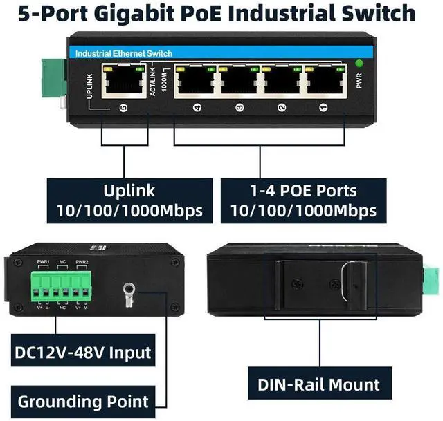 Alt view image 3 of 5 - OLYCOM Outdoor PoE Switch 5port Gigabit Ethernet Switch with DC12V-48V Voltage Input and DC48V Output 30W PoE+ Switch Total 120W Budget Din-Rail Unmanaged Network Switch for Solar Power System