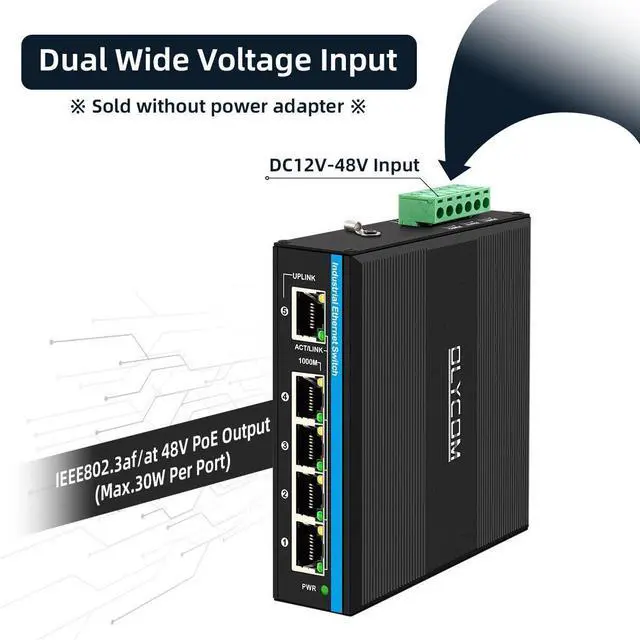 Alt view image 4 of 5 - OLYCOM Outdoor PoE Switch 5port Gigabit Ethernet Switch with DC12V-48V Voltage Input and DC48V Output 30W PoE+ Switch Total 120W Budget Din-Rail Unmanaged Network Switch for Solar Power System