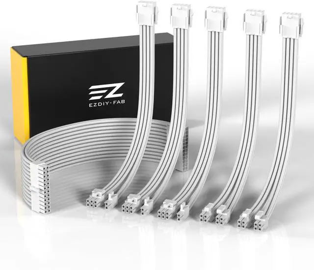 Main image of EZDIY-FAB PSU Cable Extension Sleeved Custom Mod GPU PC Power Supply Soft Nylon Braided with Comb Kit 24PIN/3x 8PIN to 6+2Pin/ 2X 8PIN to 4+4PIN-300MM/11.8in - All White