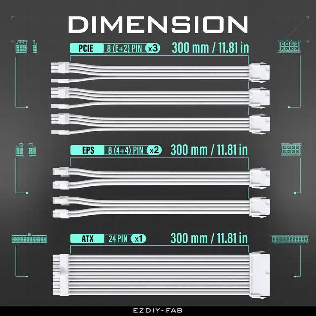 Alt view image 2 of 5 - EZDIY-FAB PSU Cable Extension Sleeved Custom Mod GPU PC Power Supply Soft Nylon Braided with Comb Kit 24PIN/3x 8PIN to 6+2Pin/ 2X 8PIN to 4+4PIN-300MM/11.8in - All White