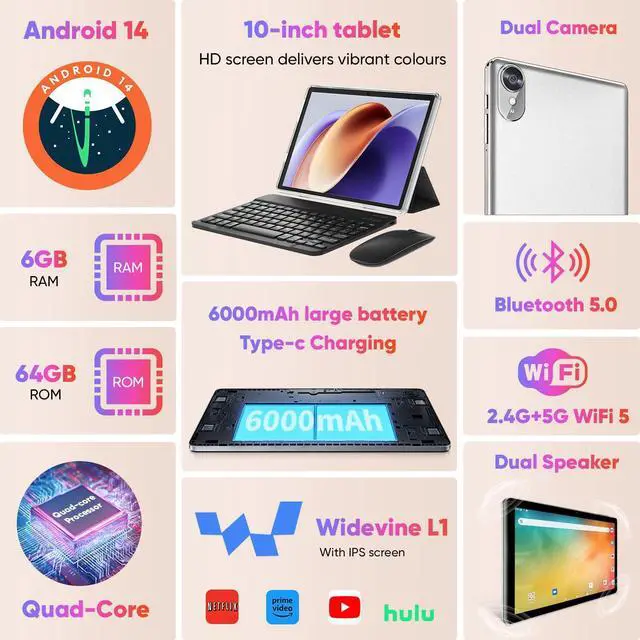 Alt view image 2 of 5 - 10 inch Android 14 Tablet, 6GB RAM 64GB ROM 1TB Expand, 2 in 1 Tablets with Keyboard, Case, Mouse, Stylus, 1280x800 IPS Touch Screen, WiFi 5, Bluetooth, Dual Camera, Tablet PC