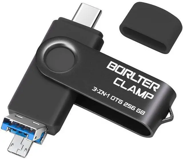 Main image of 256GB 3 in 1 USB 3.0 Flash Drive Photo Stick for Android Phones, BorlterClamp OTG Memory Stick with 3 USB Ports (USB C, microUSB, USB A) for Samsung Galaxy, LG, Tablets, PC and More, Black
