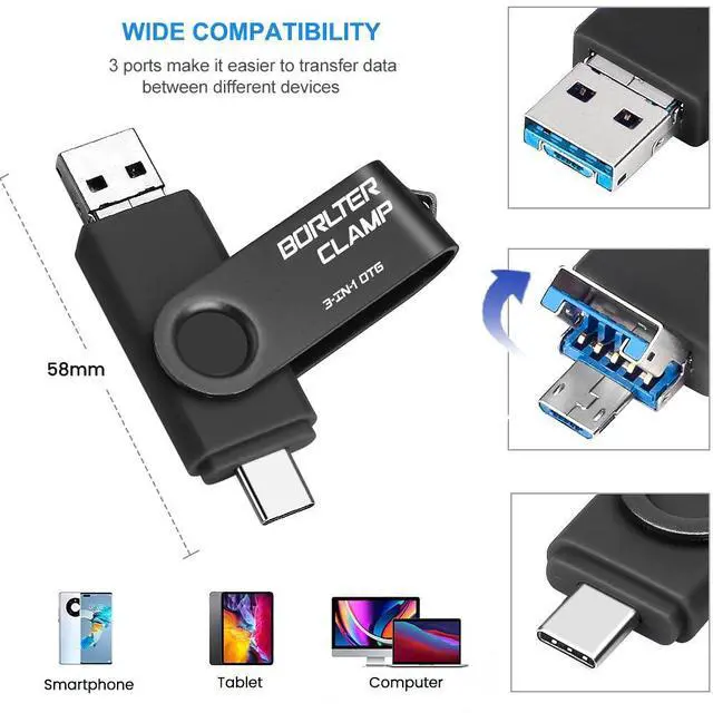 Alt view image 2 of 5 - 256GB 3 in 1 USB 3.0 Flash Drive Photo Stick for Android Phones, BorlterClamp OTG Memory Stick with 3 USB Ports (USB C, microUSB, USB A) for Samsung Galaxy, LG, Tablets, PC and More, Black