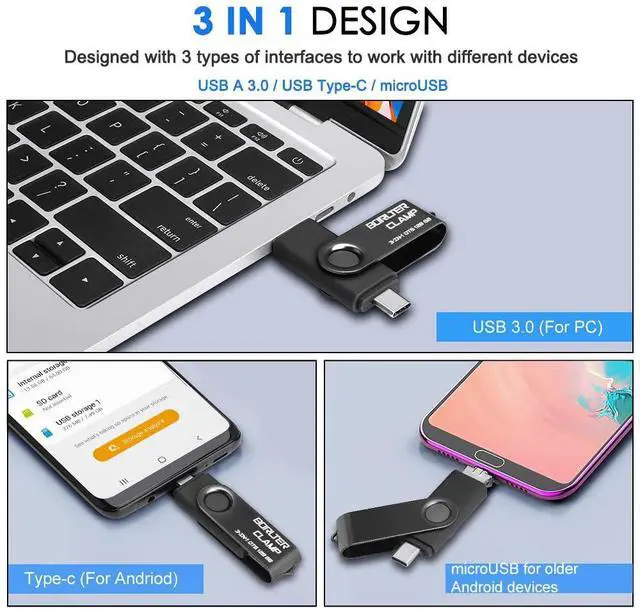 Alt view image 5 of 5 - 256GB 3 in 1 USB 3.0 Flash Drive Photo Stick for Android Phones, BorlterClamp OTG Memory Stick with 3 USB Ports (USB C, microUSB, USB A) for Samsung Galaxy, LG, Tablets, PC and More, Black