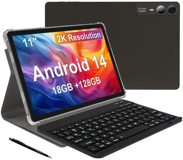Main image of 11 inch Tablet Android 14 2000*1200 2K Display Tablets PC, T616 Octa-Core 2.0GHz, 18GB RAM 128GB ROM 1TB Expandable, 5+5+13MP AI Camera, 9000mAh, 5G WiFi, with Keyboard, Case, 4 Speakers - Gray
