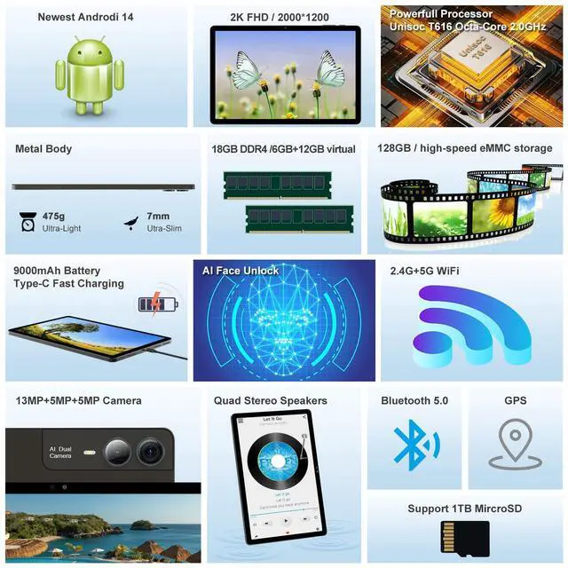 Alt view image 5 of 5 - 11 inch Tablet Android 14 2000*1200 2K Display Tablets PC, T616 Octa-Core 2.0GHz, 18GB RAM 128GB ROM 1TB Expandable, 5+5+13MP AI Camera, 9000mAh, 5G WiFi, with Keyboard, Case, 4 Speakers - Gray