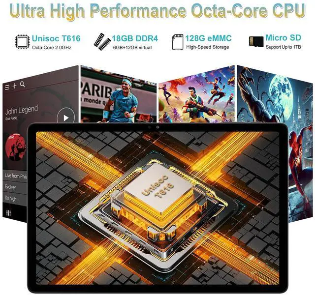 Alt view image 4 of 5 - 11 inch Tablet Android 14 2000*1200 2K Display Tablets PC, T616 Octa-Core 2.0GHz, 18GB RAM 128GB ROM 1TB Expandable, 5+5+13MP AI Camera, 9000mAh, 5G WiFi, with Keyboard, Case, 4 Speakers - Gray