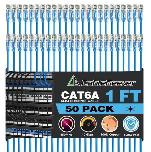 Main image of CableGeeker Patch Cables Cat6a 1ft (50 Pack) Slim, Cat6 Ethernet Patch Cable 10G Support, Snagless RJ45 Cat 6 Patch Cable for Patch Panel to Switch, Flexiable Network Cable - 1 Feet Blue