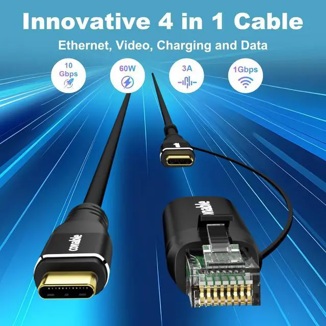 Alt view image 2 of 5 - 2-IN-1 USB 3.1 C Cable 10 FT with Ethernet Adapter, Powerful 4-IN-1 Cable, Supports 1Gbps Internet Transmission, 4K@60Hz Video Output, 100W Fast Charging and 10Gbps Data Transfer, Essential for Travel