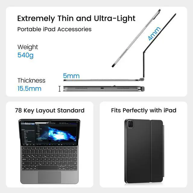 Alt view image 4 of 5 - doqo Magic Style Keyboard Case with Pencil for iPad Air 11(M2) 2024,iPad Pro 11 inch (4th,3rd,2nd,1st Gen),iPad Air 10.9 5th,4th